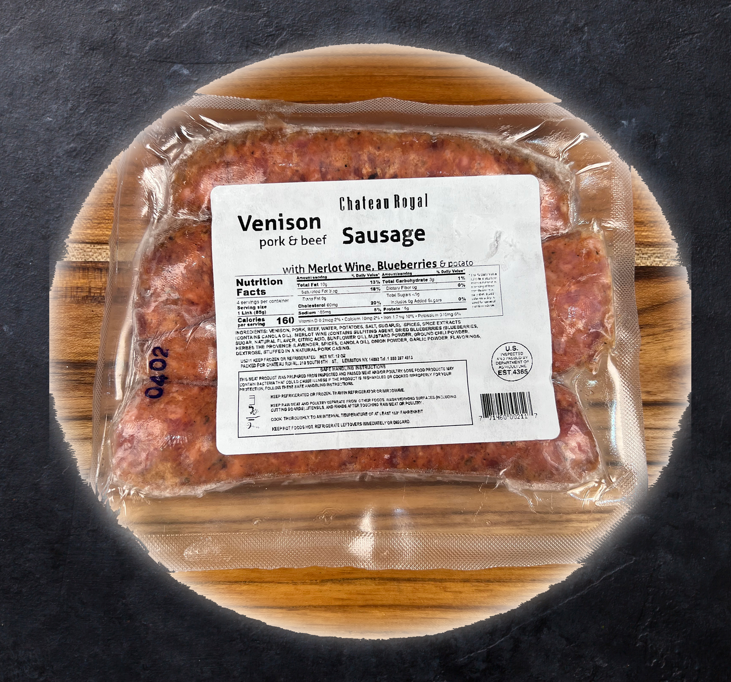 
                  
                    Venison Sausage w/Blueberries & Merlot 12oz (Frozen)
                  
                